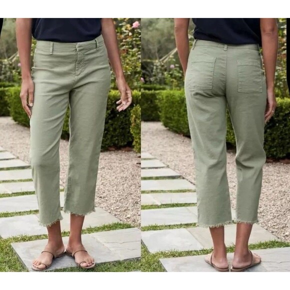 Frank Eileen Kinsale Size 10 Ankle Sage Green Cotton  Flax Blend Raw Hem Pants - Picture 3 of 13